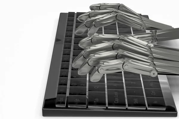 3D obrázek kovové ruce robota na klávesnici — Stock fotografie