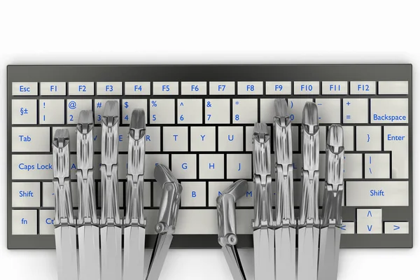 3d ilustración manos de metal robot en el teclado — Foto de Stock