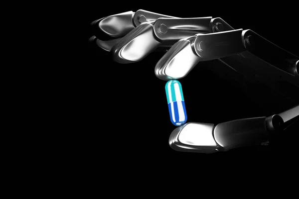 3D απεικόνιση ρομπότ χέρι κρατά χάπι — Φωτογραφία Αρχείου