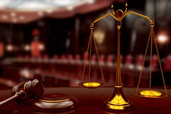 Schalen en een rechter hamer in de rechtszaal — Stockfoto