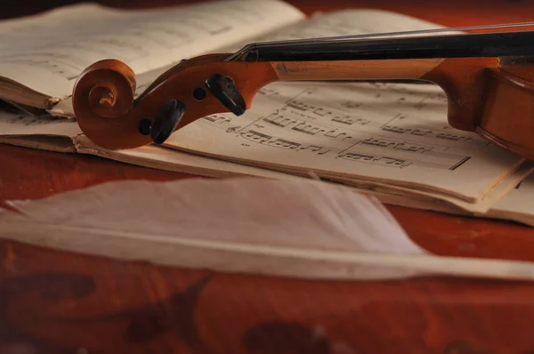 Hegedű és a jegyzetek az asztalon — Stock Fotó