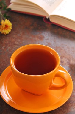 Sonbahar natürmort fincan çay ve kitap masada