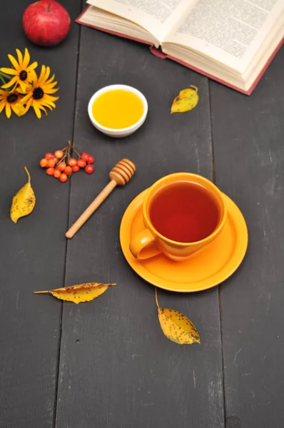 Hösten stilleben kopp te, honung och boken på bordet — Stockfoto