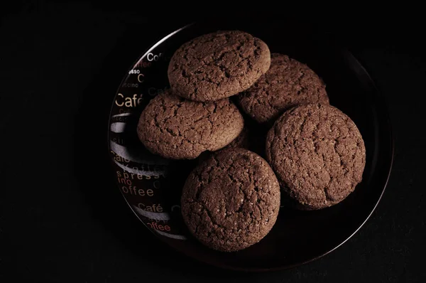 Oatmeal Cookies Black Table Plate — Stock Photo, Image