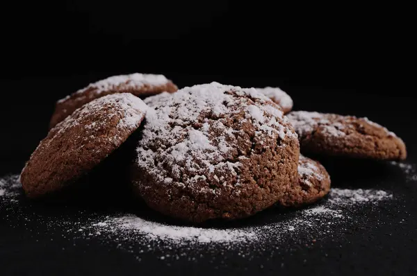 Oatmeal Cookies Black Table Castor Sugar — Stock Photo, Image