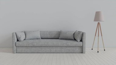 İç mekan, beyaz odada deri kanepe. Blender 3d içinde 3d oluşturma