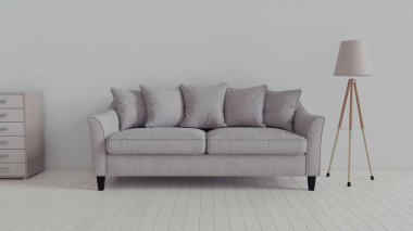 İç mekan, beyaz odada deri kanepe. Blender 3d içinde 3d oluşturma