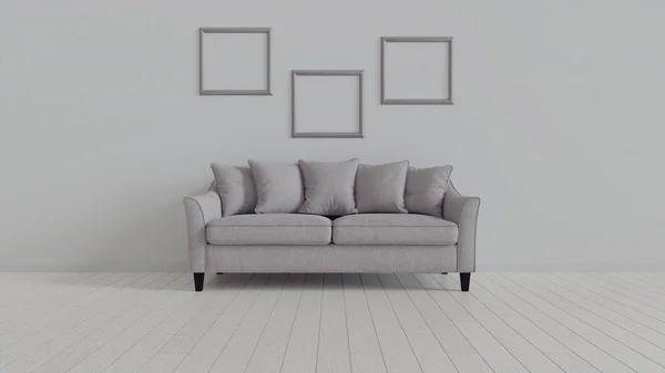 Interiér, kožená pohovka v bílém pokoji. 3D vykreslování v mixéru 3d — Stock fotografie