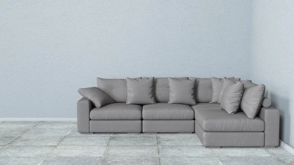Інтер'єр, шкіряний диван у білій кімнаті. 3d візуалізація в Blender 3d — стокове фото