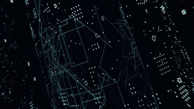 Soyut arkaplan ögesi. Kavis ve ızgaraların üç boyutlu bileşimi. Bilgi teknolojisi kavramı.