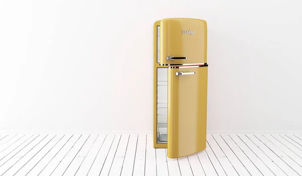 白を背景にレトロな黄色のヴィンテージ冷蔵庫インテリア。3Dレンダリング — ストック写真