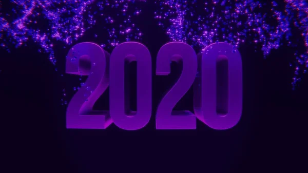 Feliz Año Nuevo 2020 texto de saludo en sueco con partículas y chispas en el cielo nocturno negro con fuegos artificiales de colores en el fondo, hermoso diseño mágico tipografía . — Foto de Stock