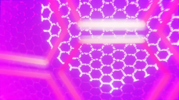 Rózsaszín hexagon digitálisan generált kép kék fény és csíkok gyorsan halad át fekete háttér — Stock Fotó