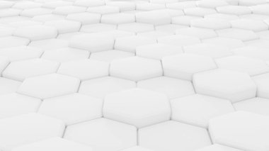 Alan derinliğinin etkisiyle soyut altıgen arkaplan. Çok sayıda beyaz altıgen var. Hücresel, beyaz 3 boyutlu panel. Duvar dokusu, altıgen kümeler