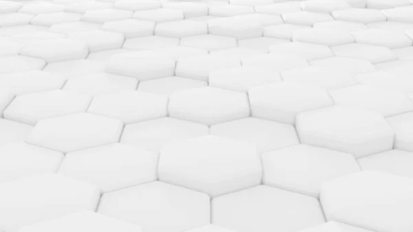 概要場の深さの影響を受けた六角形の背景。白六角形の数が多い。細胞、白い3Dパネル。壁の質感六角形の塊 — ストック写真