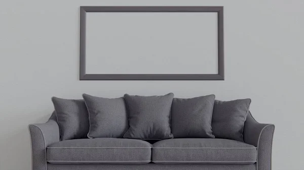 Eine isolierte Kunstleinwand auf weißer Wand. Sofa, Pflanze, im Innenraum. — Stockfoto