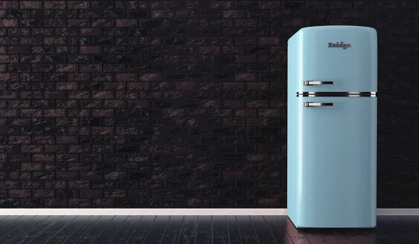 Boş oda arka planında eski mavi bir buzdolabı. 3d oluşturma