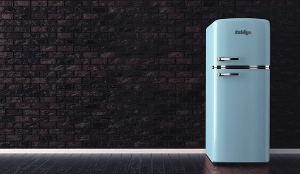 Старий синій вінтажний холодильник на порожньому фоні кімнати. 3D візуалізація — стокове фото