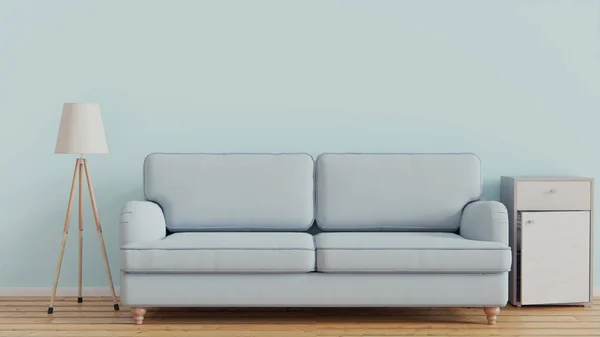 Detailní modrý pastel moderní design obývacího pokoje s pohovkou a dřevěnou podlahou a lampičkou. — Stock fotografie