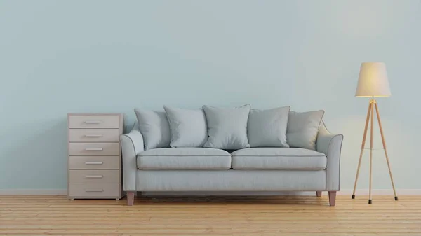 Blaues pastellfarbenes modernes Wohnzimmerdesign mit Sofa und Schrank sowie Holzboden und Lampe. — Stockfoto