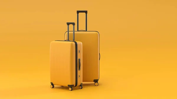 Valise jaune avec lunettes de soleil et chapeau sur fond jaune. concept de voyage. style minimal — Photo