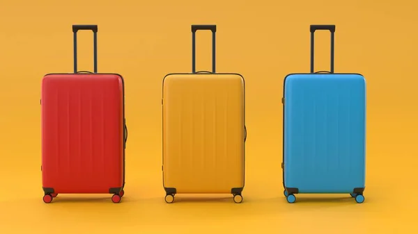 Trois valises sur fond jaune. Sac de voyage en plastique rouge, concept de voyage étui jaune et bleu. style minimal . — Photo