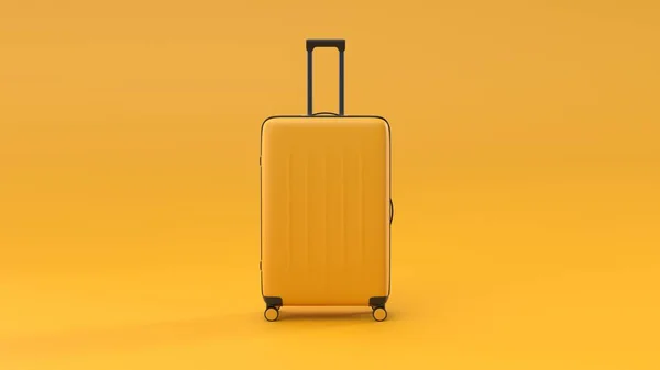 Valise jaune avec fond jaune. concept de voyage. Sac de voyage style minimal. Perspective frontale . — Photo