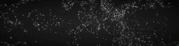 Wide freeze motion of white powder exploding, isolated on black, dark background. Abstract design of white dust cloud. Particles explosion screen saver, wallpaper with copy space. Planet concept — 스톡 사진