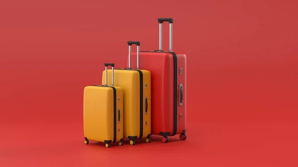 Κίτρινη και κόκκινη βαλίτσα σε λευκό φόντο. ταξιδιωτική ιδέα. minimal στυλ. — Φωτογραφία Αρχείου