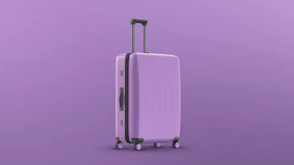 Lila rózsaszín bőrönd fehér háttérrel. utazási koncepció. minimális stílus. — Stock Fotó