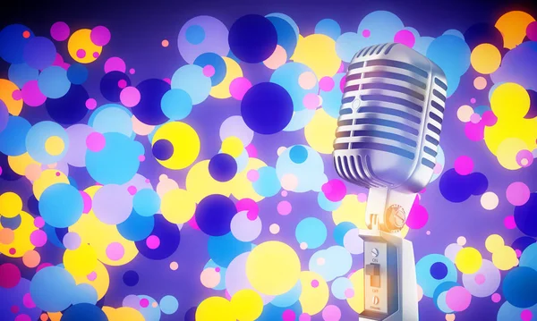 Colorful background retro microphone on stage glow blurred voice or American Bar restaurant during a night show. Studio record old school.