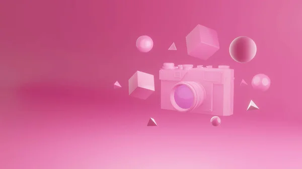 Cámara vintage en vibrante degradado negrita púrpura y rosa colores holográficos. Geometría figura nube. Arte conceptual. Surrealismo mínimo de verano . —  Fotos de Stock