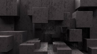 Koyu çizik ve pas küpü beton veya metal duvar soyut arka plan. 3d oluşturma