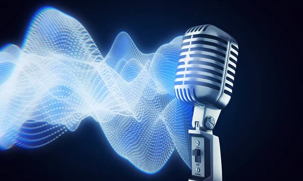 Retro microphone on stage waves voice or American Bar restaurant during a night show. Studio record old school. — Stok fotoğraf