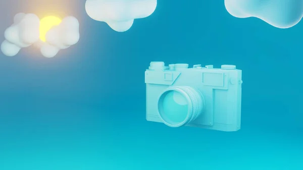 Vintage camera in vibrant bold gradient sun yellow and blue colors. Concept art. Minimal summer surrealism. — Stock Photo, Image
