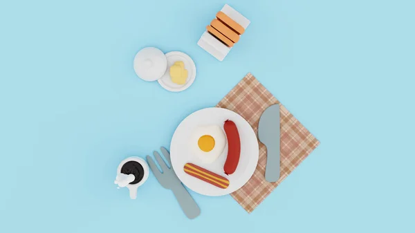 Petit déjeuner rapide, café chaud, œufs brouillés, saucisse et bacon, beurre et pain, pain grillé sur la table et serviette. Dessin animé de couleur claire. Table bleue et jouets pour bébés — Photo