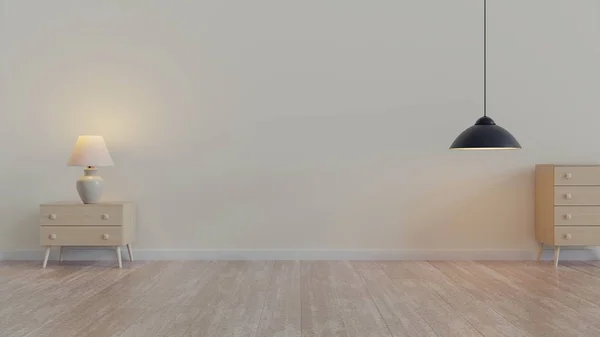 Krémszínű pasztell modern nappali design szekrénnyel és fa padlóval és lámpával. 3D-s renderelés — Stock Fotó