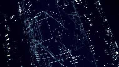 Ağ ve sunucu donanımlı raflarla dolu modern yüksek teknoloji internet veri merkezi odasının soyutlaması.