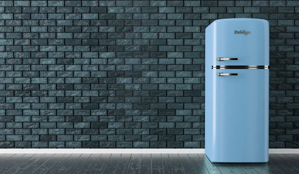 Old blue vintage refrigerator in the empty room background. Dark blue brick wall