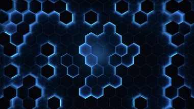 Koyu ve parlak altıgen soyut mavi arka plan. Teknoloji geçmişi, küresel iş dünyasının en iyi serisi. 3d oluşturma