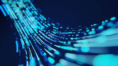 Ağ ve sunucu donanımlı raflarla dolu modern yüksek teknoloji internet veri merkezi odasının soyutlanması. 3d oluşturma