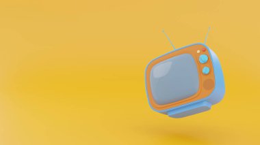Sarı arka planda eski turuncu TV alıcısı. Gradyan turuncu arka plan. Anten, mavi saplı, gri ekran, düğme açık. Klasik bir çizgi film. 3d oluşturma