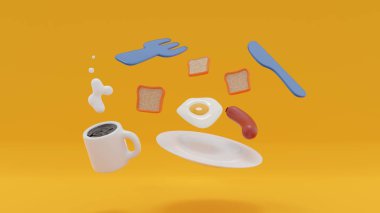 Hızlı bir kahvaltı, sıcak bir kahve seti, çırpılmış yumurta, sosis ve pastırma, tereyağı ve ekmek, masada tost ve peçete. Sarı ya da turuncu masa ve bebek oyuncakları. 3d oluşturma