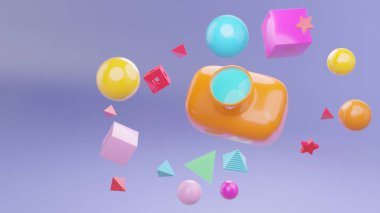 Canlı, koyu renk, sarı ve mavi renkli turuncu Vintage kamera. Sanat kavramı. Minimum yaz sürrealizmi. 3d oluşturma