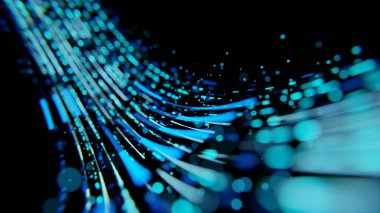 Ağ ve sunucu donanımlı raflarla dolu modern yüksek teknoloji internet veri merkezi odasının soyutlanması. 3d oluşturma