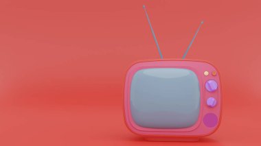 Kırmızı arka planda eski turuncu TV alıcısı var. Kademe kırmızı arka plan. Anten, mor saplı, gri ekran. Klasik bir çizgi film. 3d oluşturma