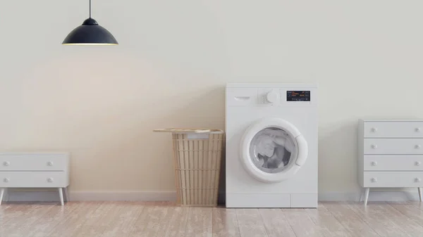 Modern washing machine, laundry in baskets and domestic room interior. Light, cabinet, crema. 3d rendering