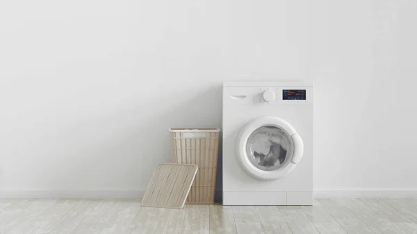 Modern çamaşır makinesi, çamaşır sepetleri içinde çamaşır sepetleri ve yurt içi emty oda içi. Beyaz duvar. 3d oluşturma