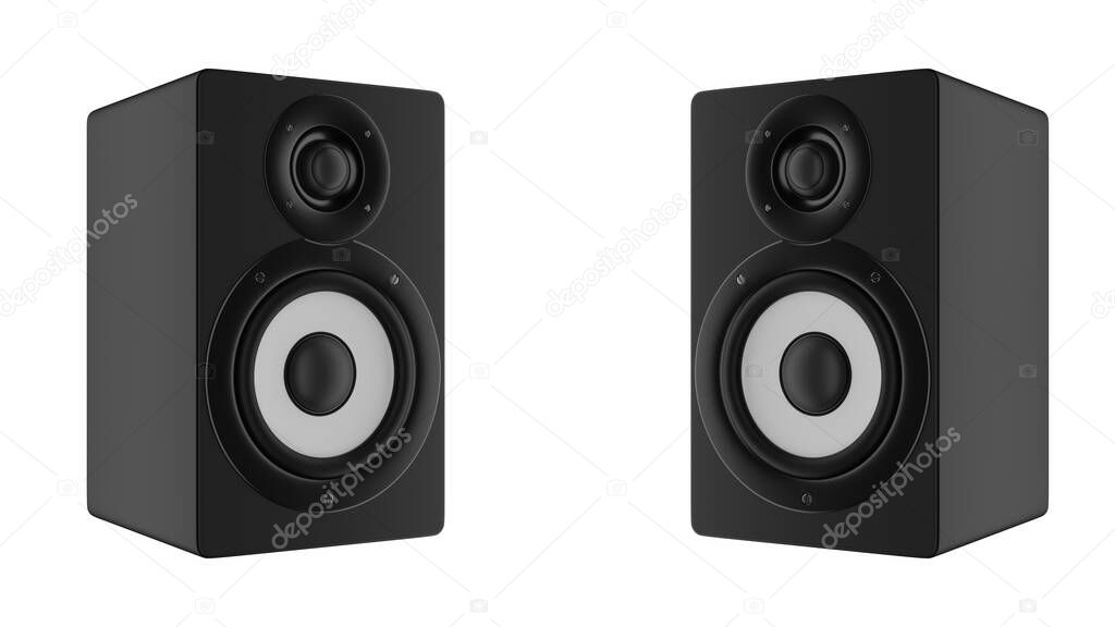 Dj shop with music loud speakers sale. Buy isolate hifi sound system for sound recording studio. Professional hi-fi cabinet speaker box on sale. Audio equipment for musicians. 3d rendering