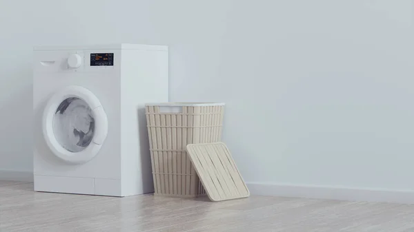 Moderne Wasmachine Manden Binnenlandse Emty Kamer Interieur Blauwe Muur Destructie — Stockfoto